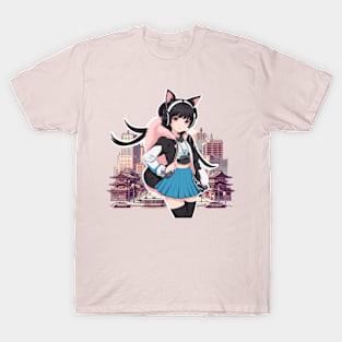 Nekomimi Otaku Fashion: A stylish cat girl in the city T-Shirt